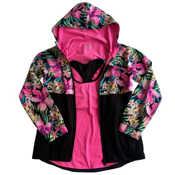 Floral Pink and Black Hooded Jacket And Tank Set - Picture 1 of 11
